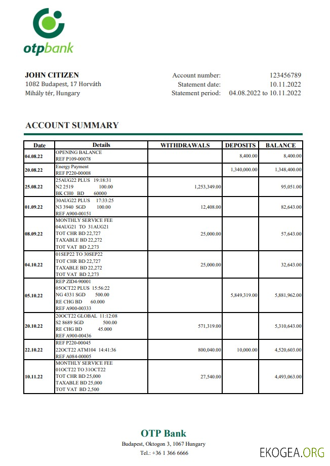 Relevé bancaire OTP de Hongrie xls